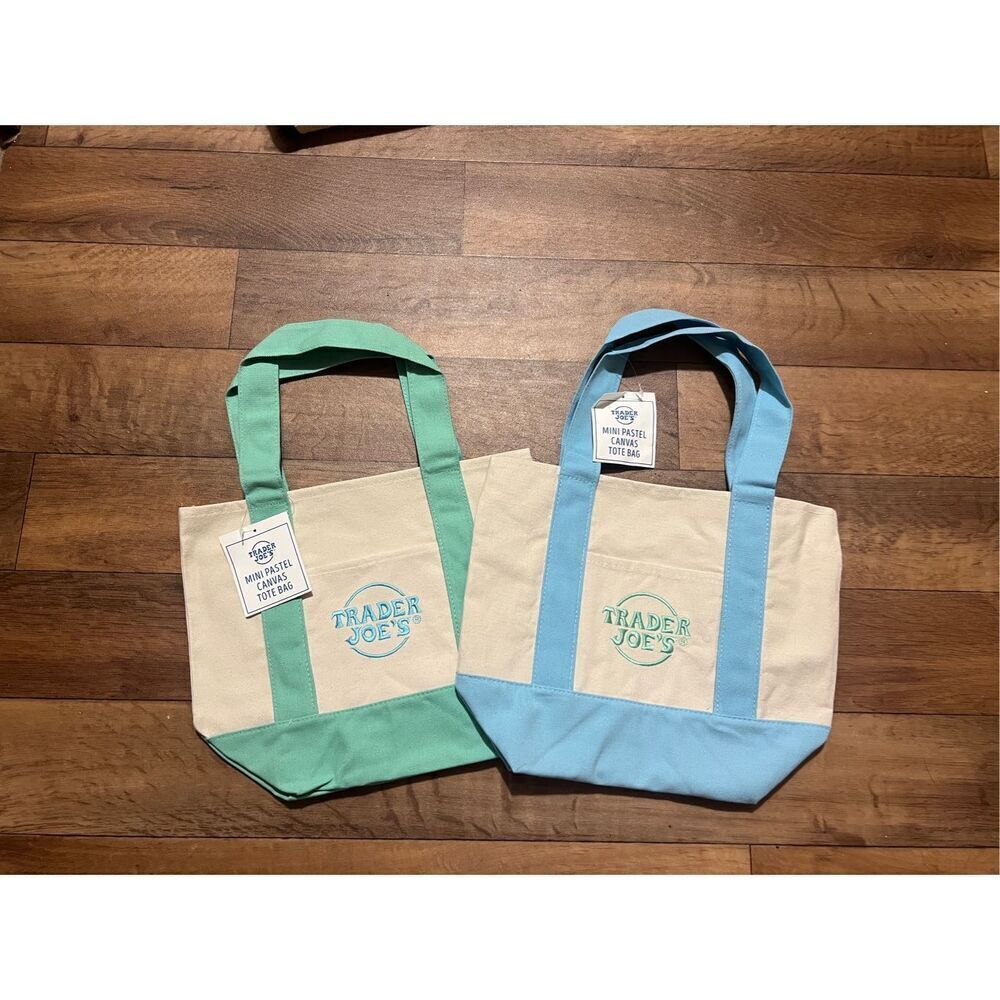 Trader Joe’s Pastel Blue And Pastel Green Mini Canvas Tote Bag NWT